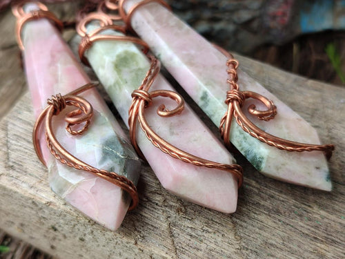 Hand Made Thulite Copper Wire Wrapped Double Terminated Necklaces x 12 From Mozambique