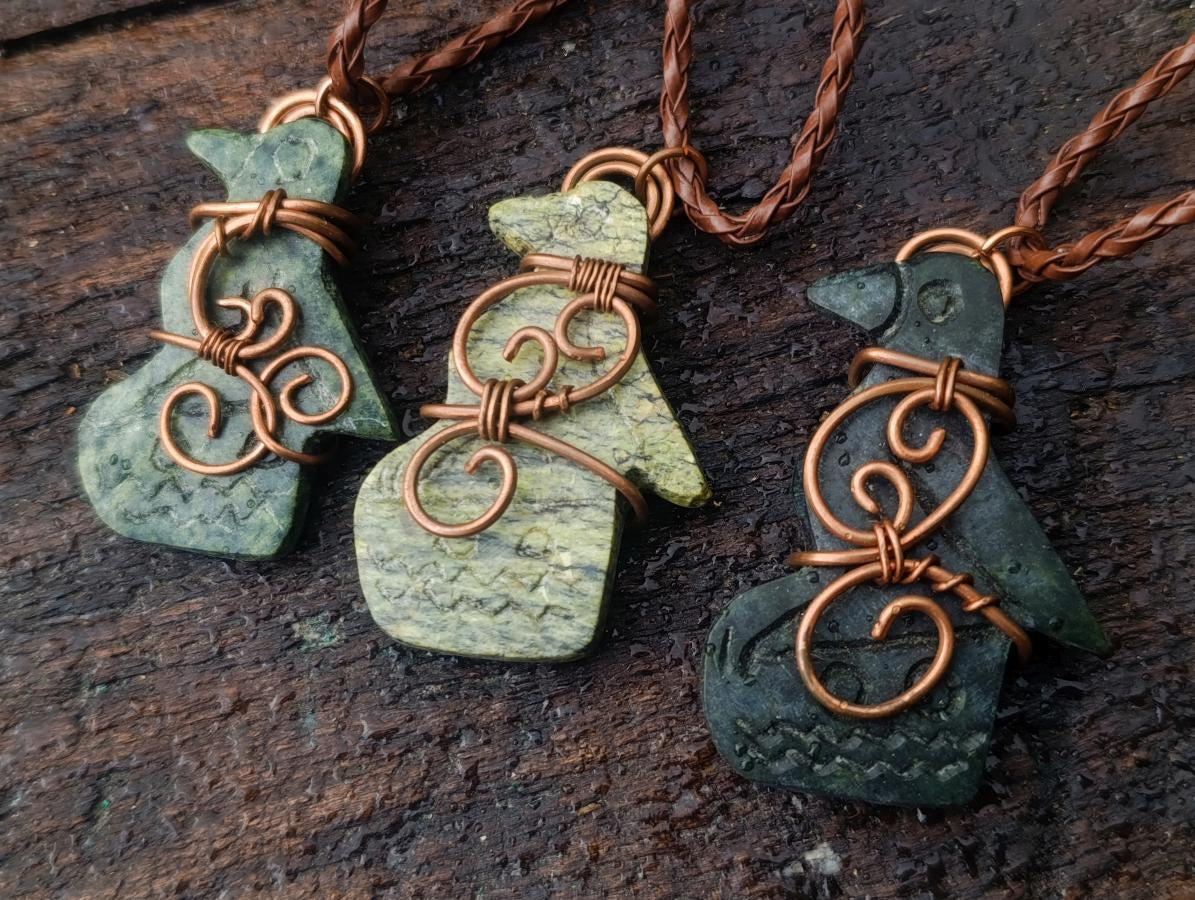 Hand Made Ancient Great City Eagle Bird Leopard Stone Copper Wire Wrapped Stone Carving Necklaces x 6 From South Africa