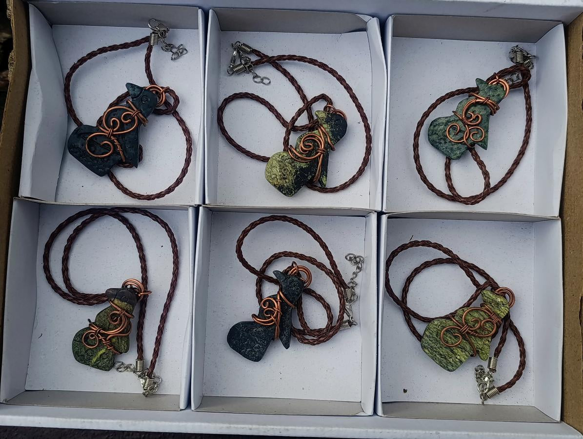 Hand Made Ancient Great City Eagle Bird Leopard Stone Copper Wire Wrapped Stone Carving Necklaces x 6 From South Africa