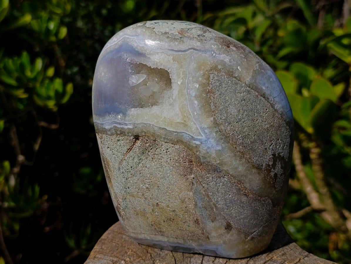 Polished and Natural Large Blue Lace Agate Standing Display Piece with Dog Tooth Calcite x 1 From Nsanje, Malawi