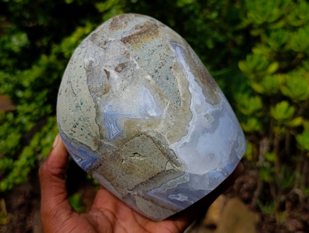 Polished and Natural Large Blue Lace Agate Standing Display Piece with Dog Tooth Calcite x 1 From Nsanje, Malawi