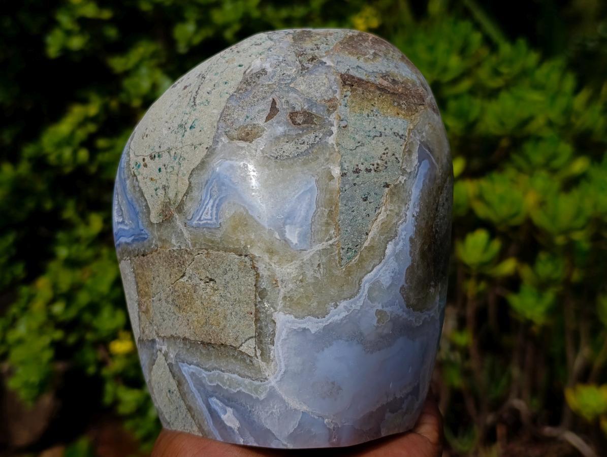 Polished and Natural Large Blue Lace Agate Standing Display Piece with Dog Tooth Calcite x 1 From Nsanje, Malawi