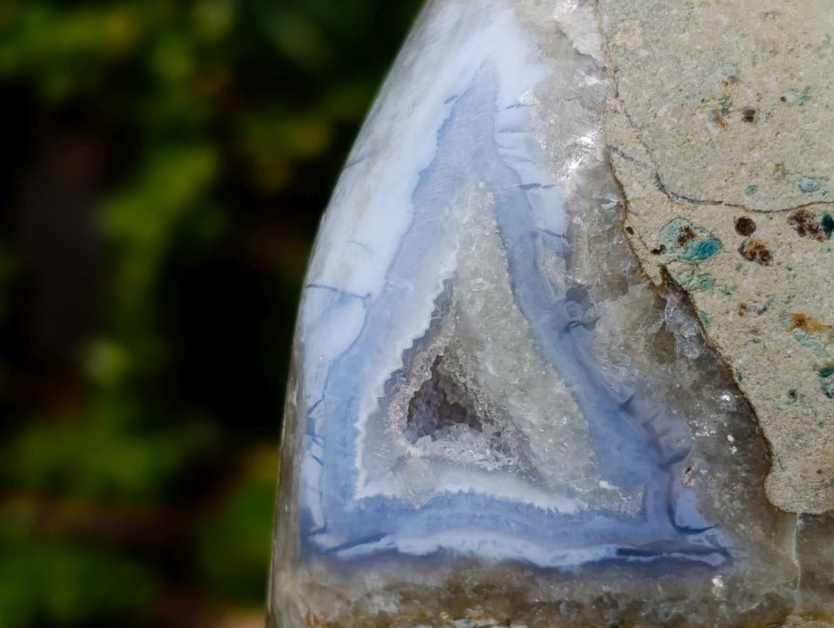 Polished and Natural Large Blue Lace Agate Standing Display Piece with Dog Tooth Calcite x 1 From Nsanje, Malawi