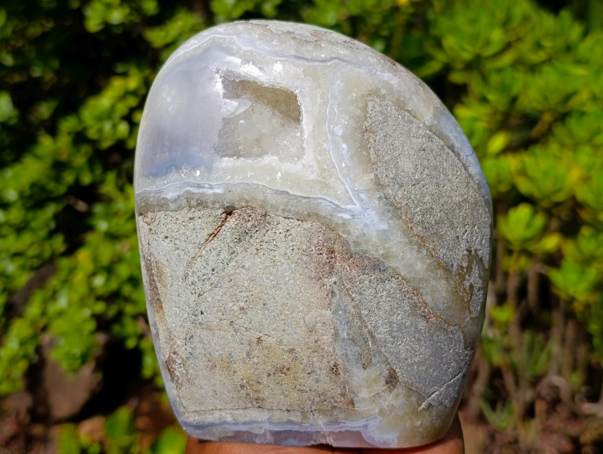 Polished and Natural Large Blue Lace Agate Standing Display Piece with Dog Tooth Calcite x 1 From Nsanje, Malawi