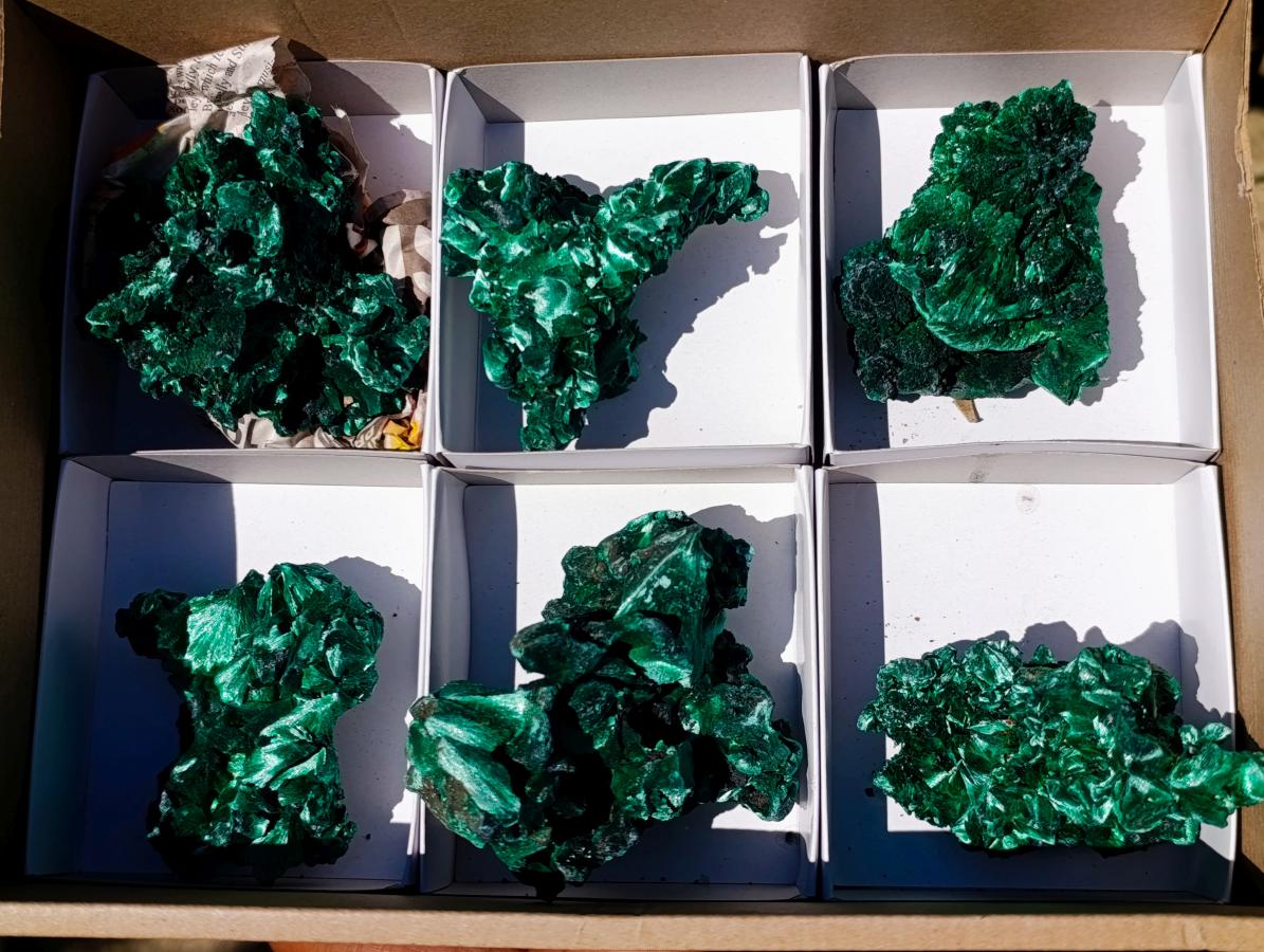 Natural Silky Malachite Specimens x 6 From Kasompe, Congo