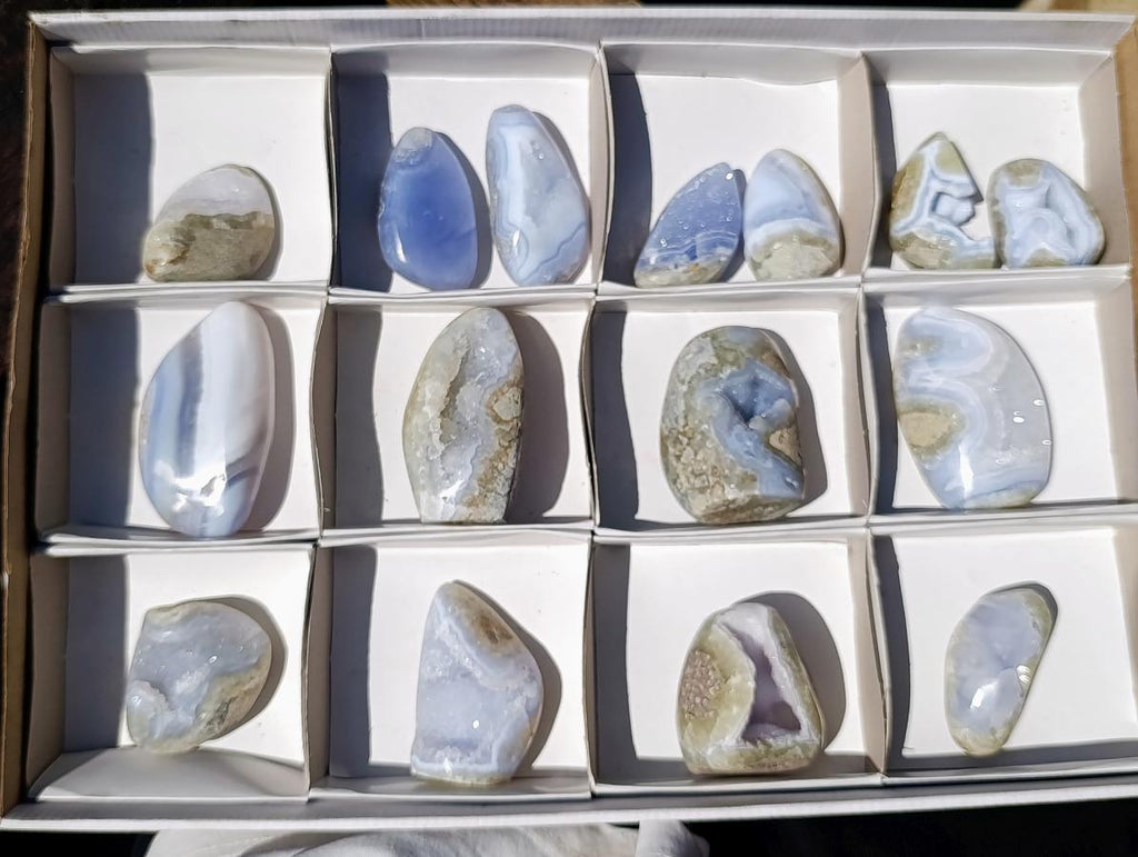 Polished Blue Lace Agate Standing Display Pieces and Free Forms x 15 From Nsanje, Malawi