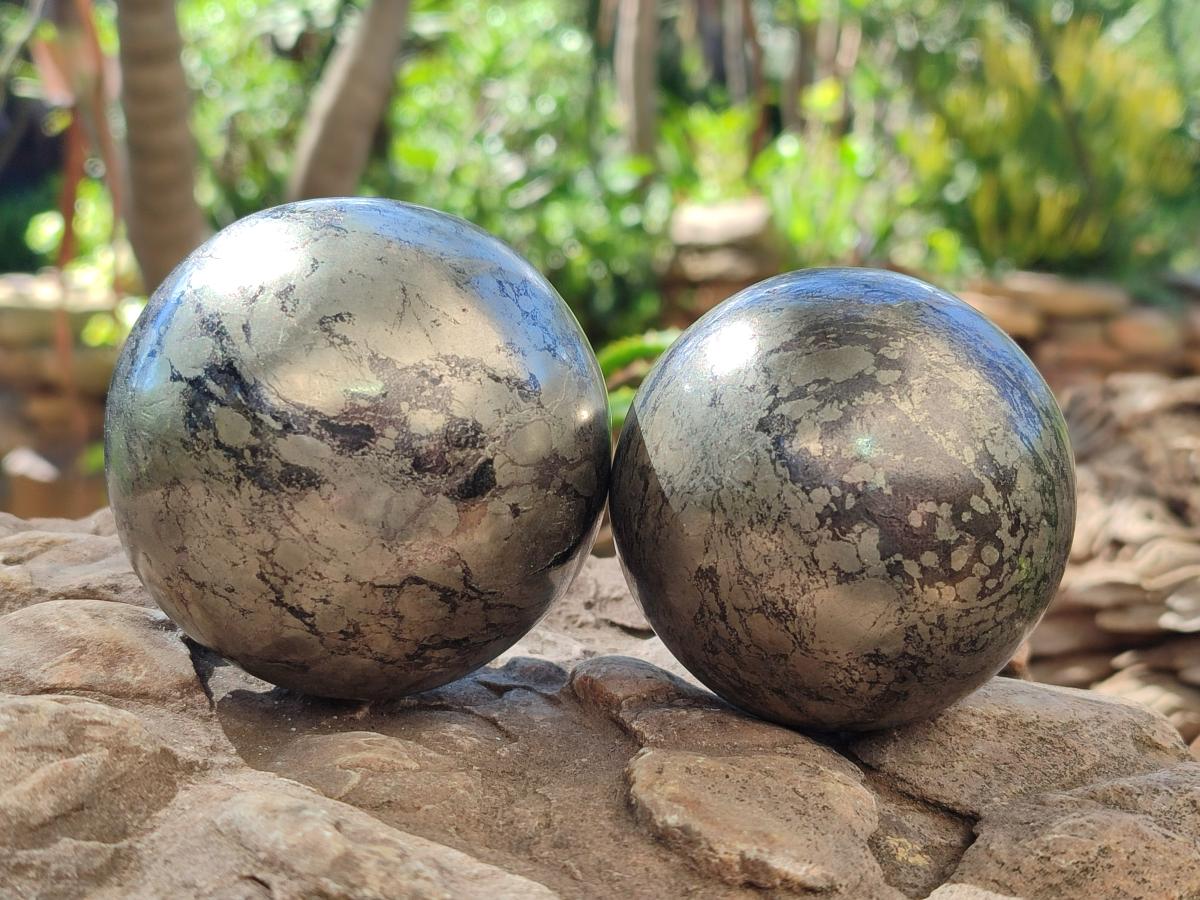 Polished Basalt Pharaoh Stone Spheres x 2 From Iron Duke Mine, Zimbabwe