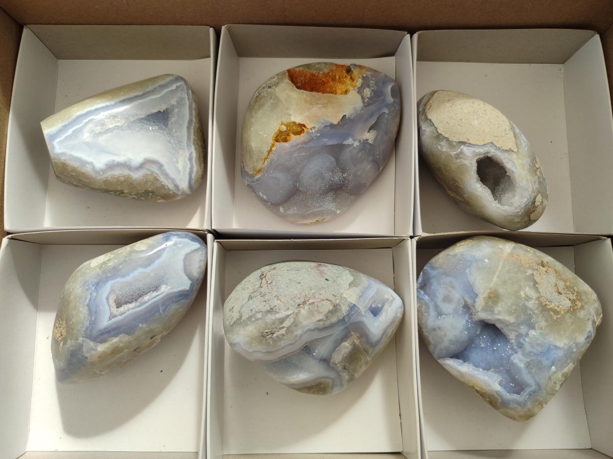 Polished and Natural Blue Lace Agate Standing Display Pieces and Free Forms x 6 From Nsanje, Malawi