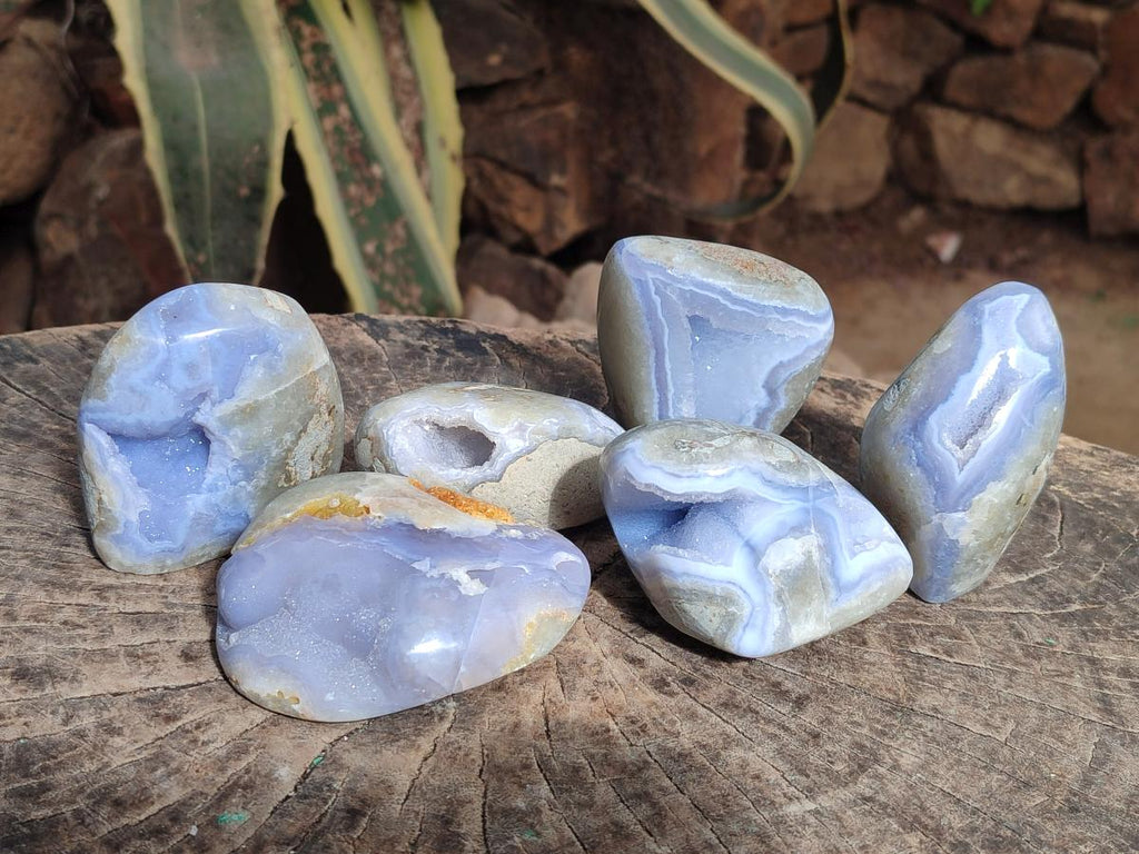 Polished and Natural Blue Lace Agate Standing Display Pieces and Free Forms x 6 From Nsanje, Malawi