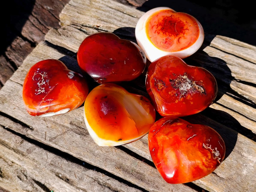 Polished Carnelian Agate Gemstone Hearts x 6 From Madagascar