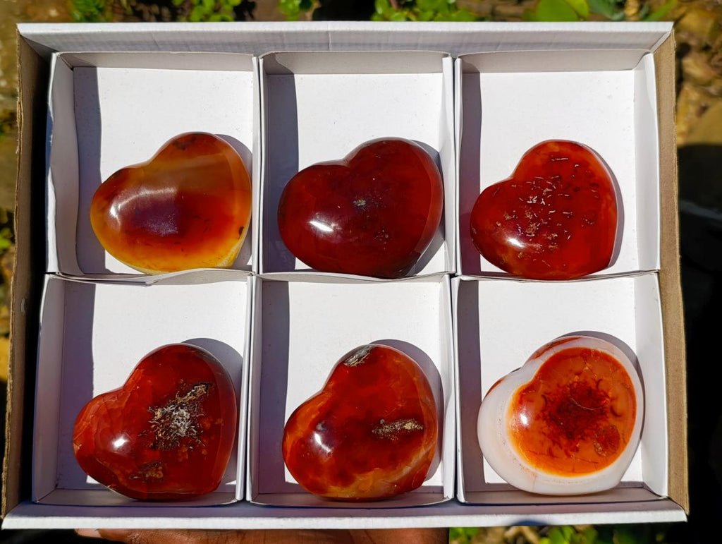 Polished Carnelian Agate Gemstone Hearts x 6 From Madagascar