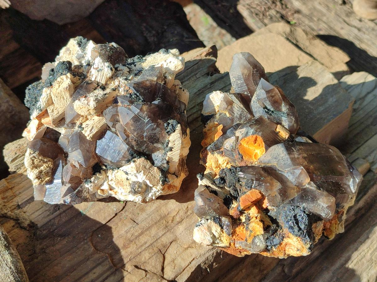 Natural Smokey Quartz Clusters with Schorl Black Tourmaline and Feldspar x 2 From Erongo, Namibia