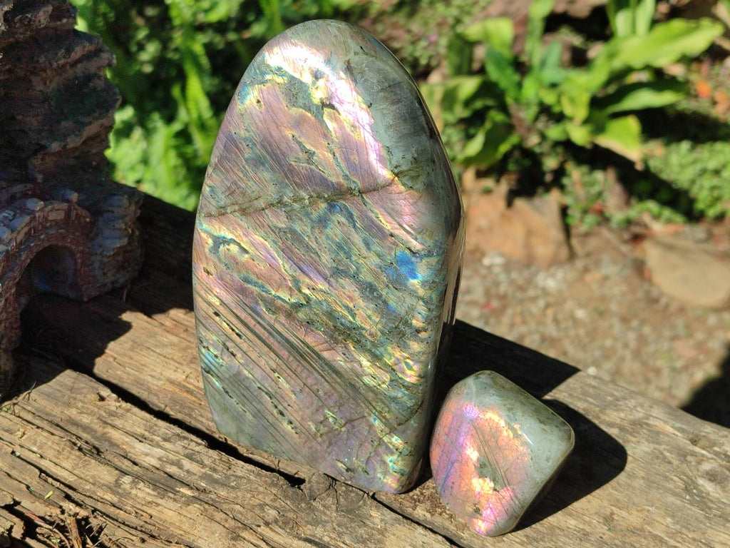 Polished Rare Purple Sunset Flash Labradorite Standing Display Pieces x 2 From Madagascar