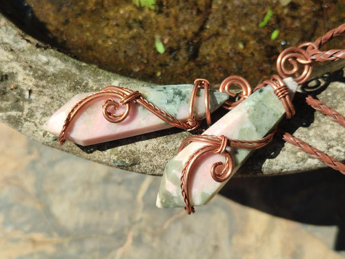 Hand Made Thulite Copper Wire Wrapped Double Terminated Necklaces x 12 From Mozambique