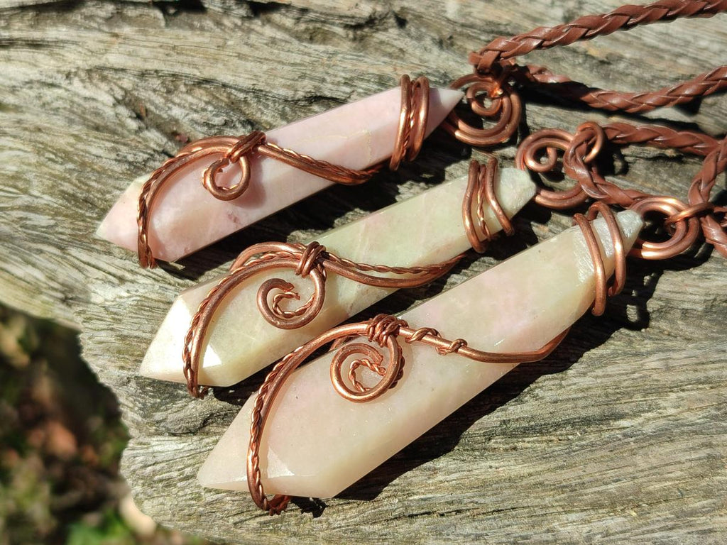 Hand Made Thulite Copper Wire Wrapped Double Terminated Necklaces x 12 From Mozambique
