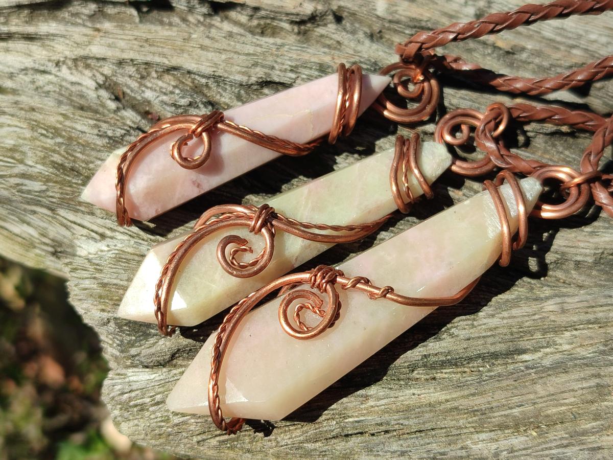 Hand Made Thulite Copper Wire Wrapped Double Terminated Necklaces x 12 From Mozambique