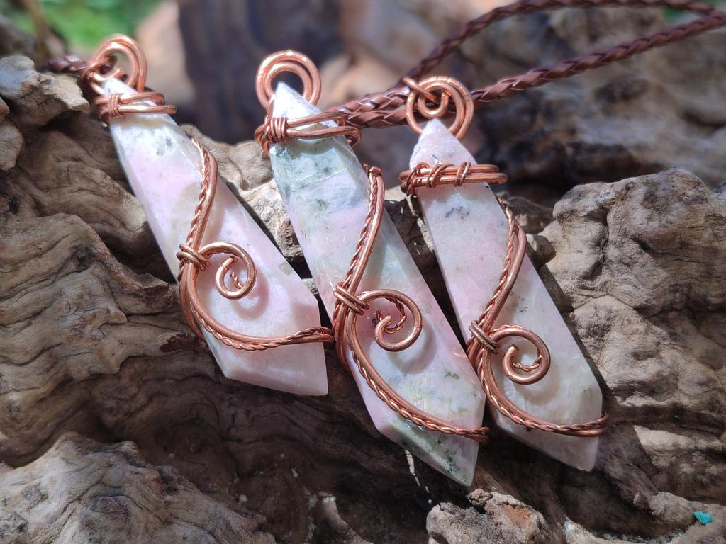Hand Made Thulite Copper Wire Wrapped Double Terminated Necklaces x 12 From Mozambique