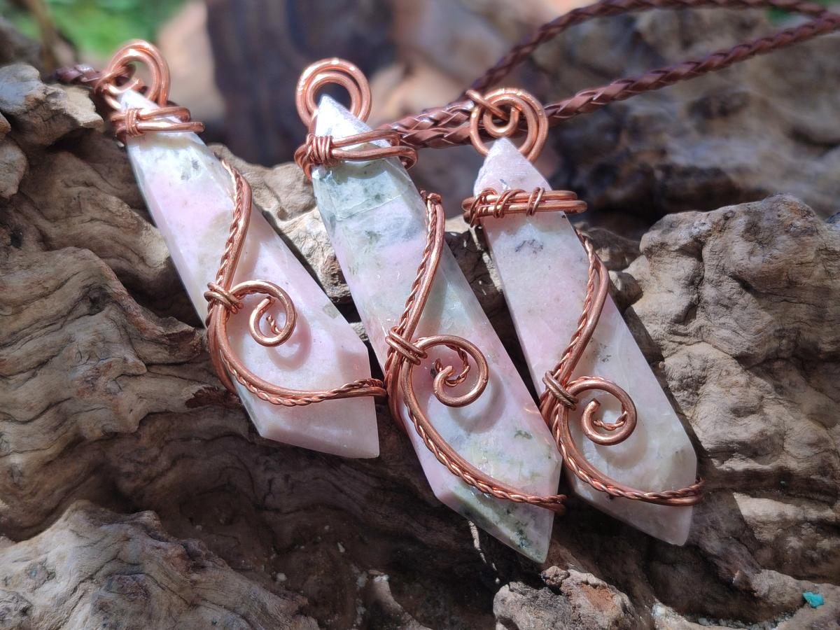 Hand Made Thulite Copper Wire Wrapped Double Terminated Necklaces x 12 From Mozambique