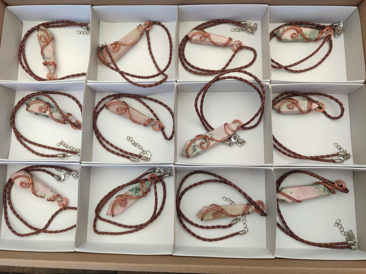 Hand Made Thulite Copper Wire Wrapped Double Terminated Necklaces x 12 From Mozambique