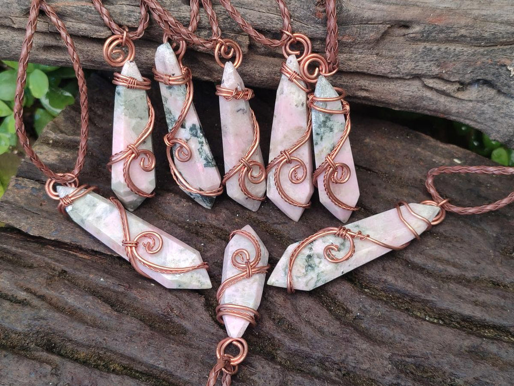 Hand Made Thulite Copper Wire Wrapped Double Terminated Necklaces x 12 From Mozambique