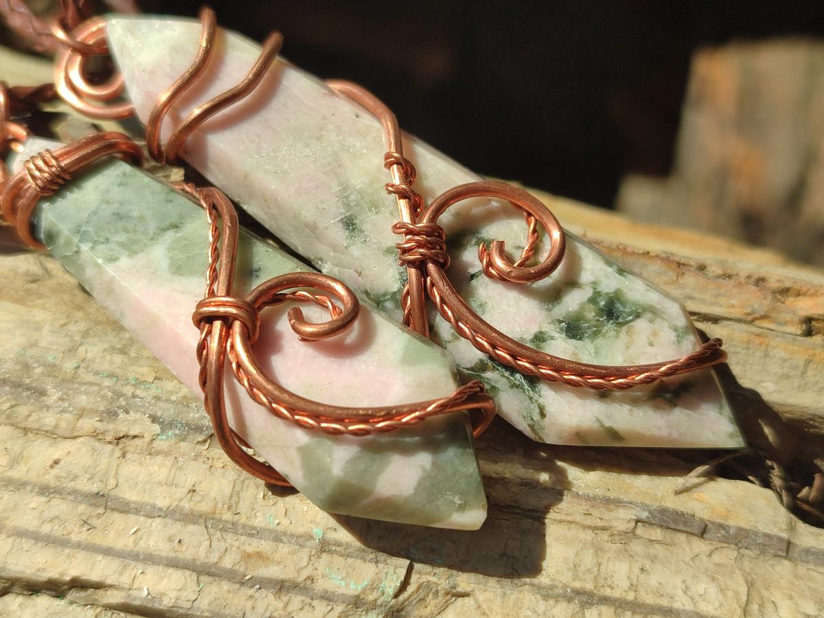 Hand Made Thulite Copper Wire Wrapped Double Terminated Necklaces x 12 From Mozambique