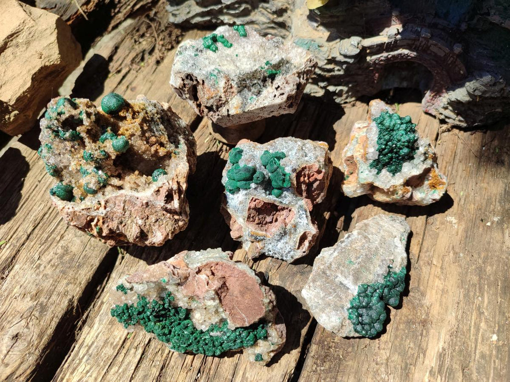 Natural Ball Malachite Specimens Coated with Drusy Quartz on Dolomite x 6 From Mindingi Mine, Kambove, Congo
