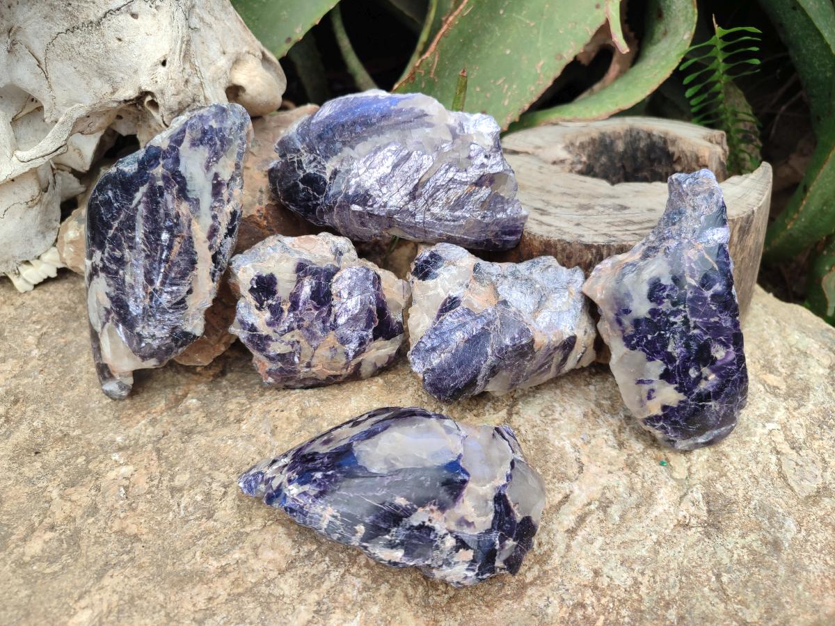 Polished One Side Silver Leaf Lepidolite Slices x 6 From Zimbabwe