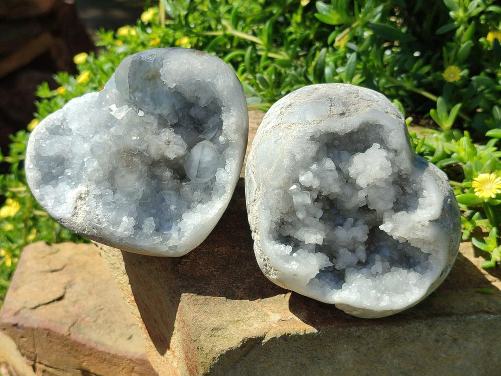 Polished and Natural Blue Celestite Hearts x 3 From Sakoany, Madagascar - Toprock Gemstones and Minerals 