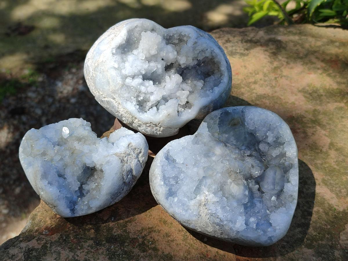 Polished and Natural Blue Celestite Hearts x 3 From Sakoany, Madagascar - Toprock Gemstones and Minerals 