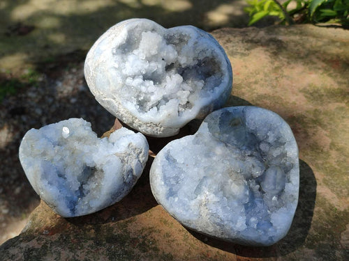 Polished and Natural Blue Celestite Hearts x 3 From Sakoany, Madagascar - Toprock Gemstones and Minerals 