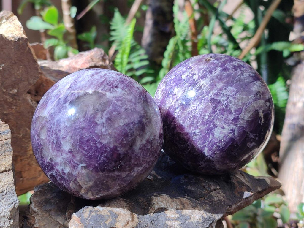 Polished Lepidolite with Pink Rubellite Spheres x 2 From Ambatondrazaka, Madagascar
