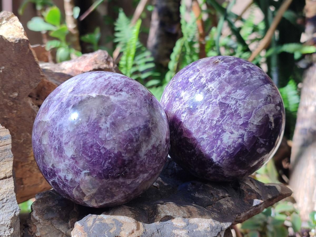 Polished Lepidolite with Pink Rubellite Spheres x 2 From Ambatondrazaka, Madagascar