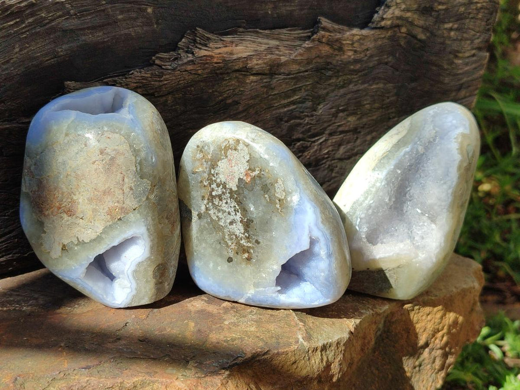 Polished and Natural Blue Lace Agate Standing Display Pieces and Free Form x 3 From Nsanje, Malawi