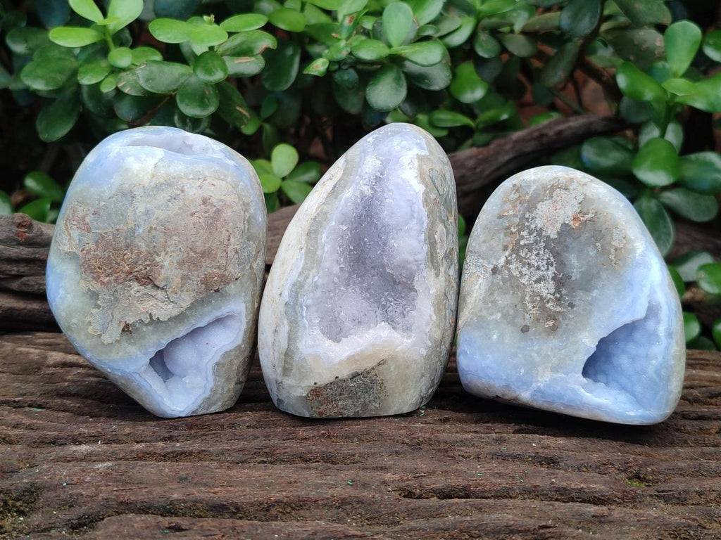 Polished and Natural Blue Lace Agate Standing Display Pieces and Free Form x 3 From Nsanje, Malawi