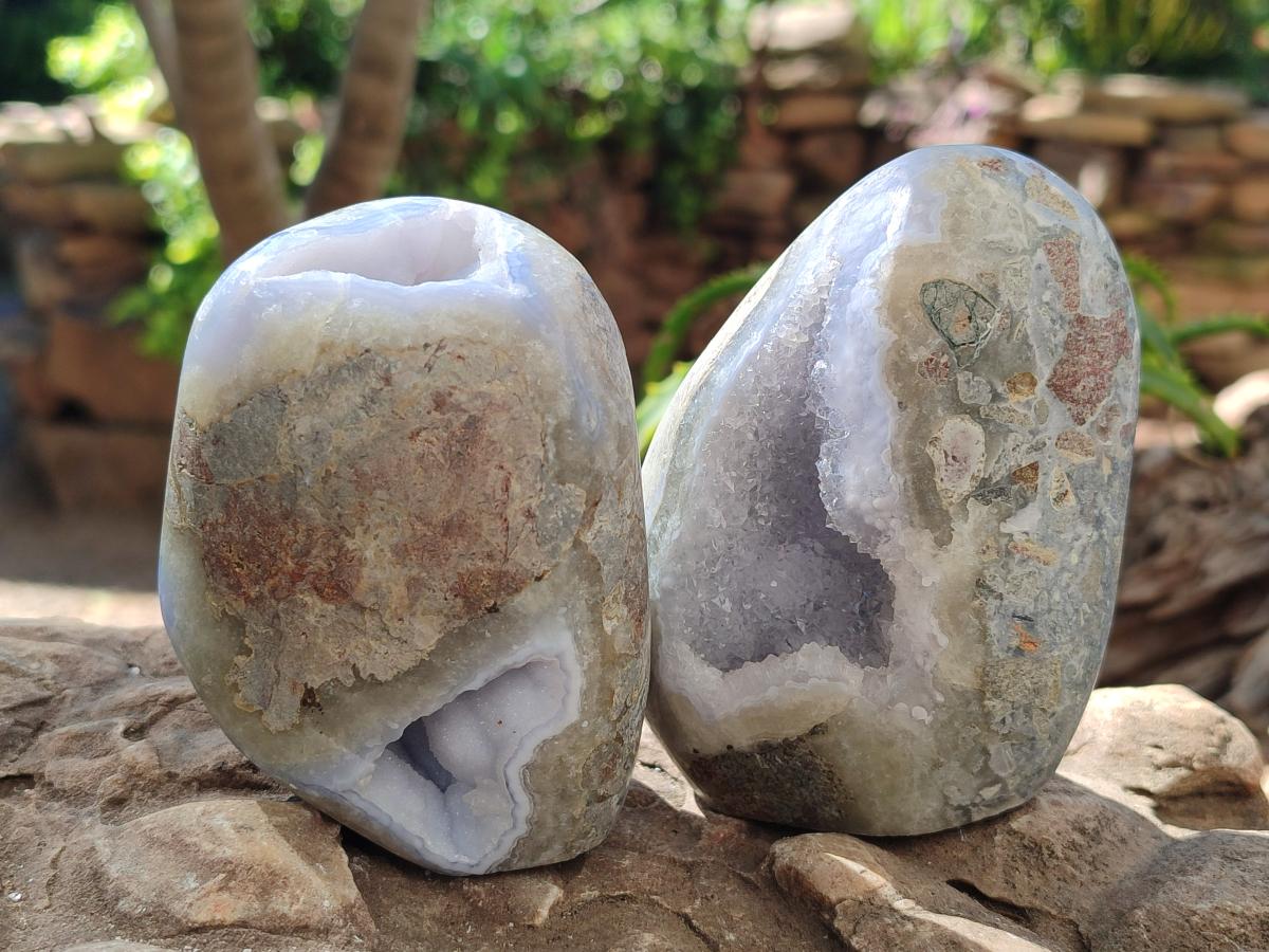 Polished and Natural Blue Lace Agate Standing Display Pieces and Free Form x 3 From Nsanje, Malawi