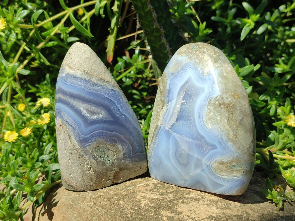 Polished and Natural Blue Lace Agate Standing Display Pieces x 2 From Nsanje, Malawi - Toprock Gemstones and Minerals 