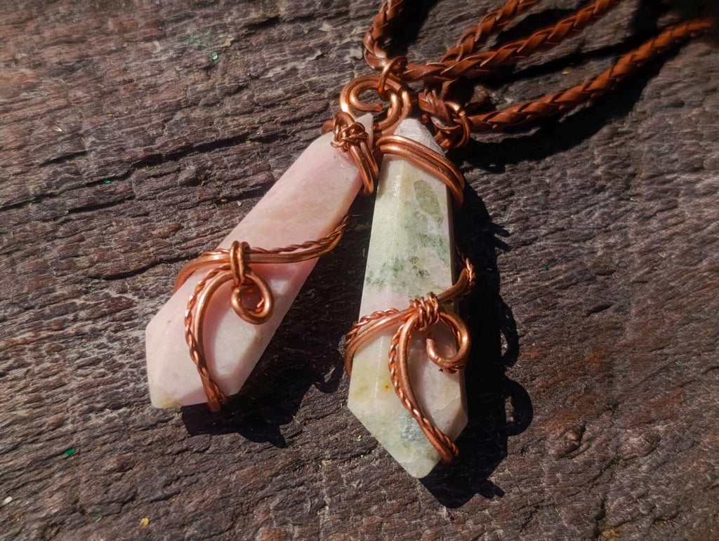 Hand Made Thulite Copper Wire Wrapped Double Terminated Necklaces x 12 From Mozambique - Toprock Gemstones and Minerals 