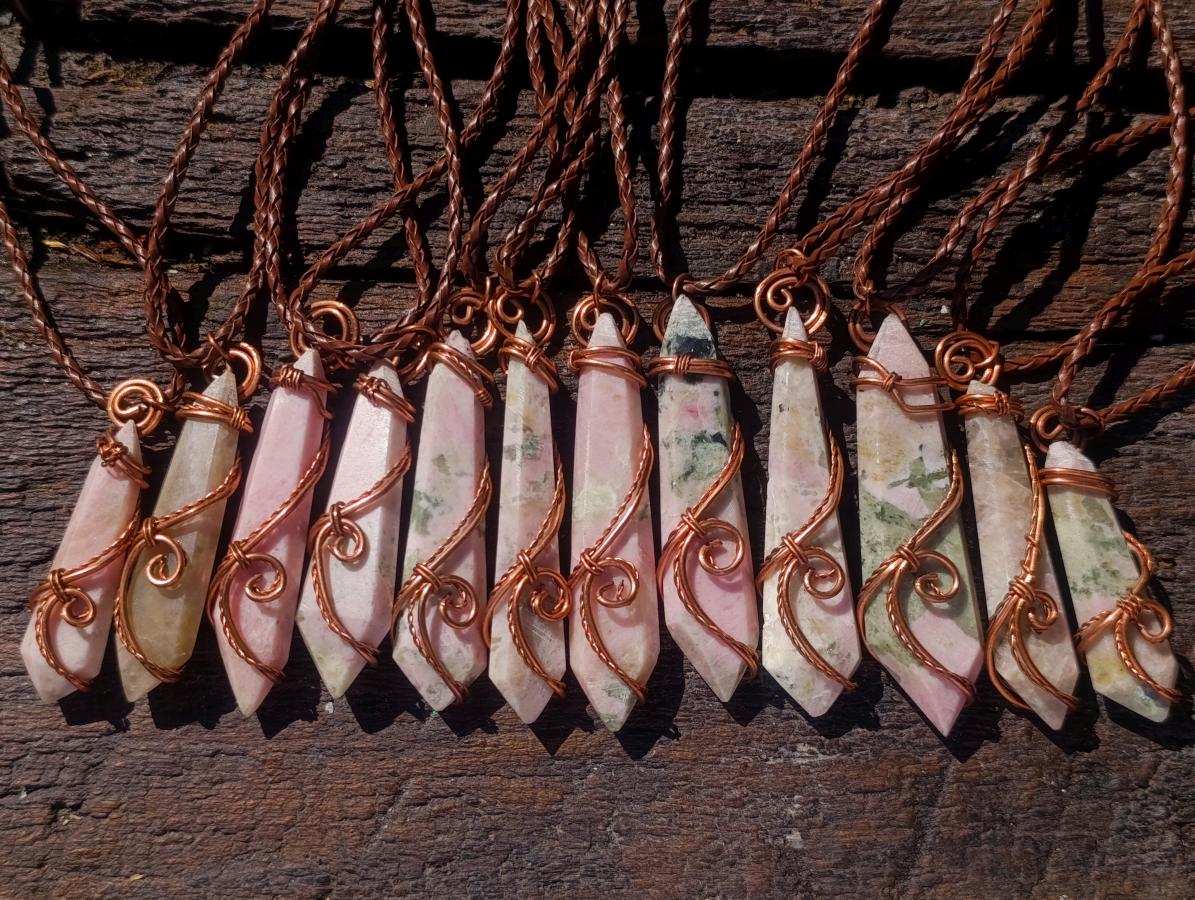 Hand Made Thulite Copper Wire Wrapped Double Terminated Necklaces x 12 From Mozambique - Toprock Gemstones and Minerals 