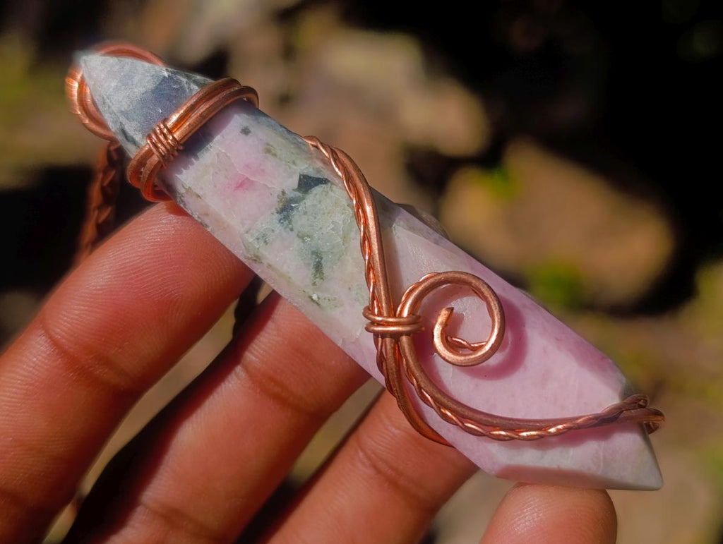 Hand Made Thulite Copper Wire Wrapped Double Terminated Necklaces x 12 From Mozambique - Toprock Gemstones and Minerals 