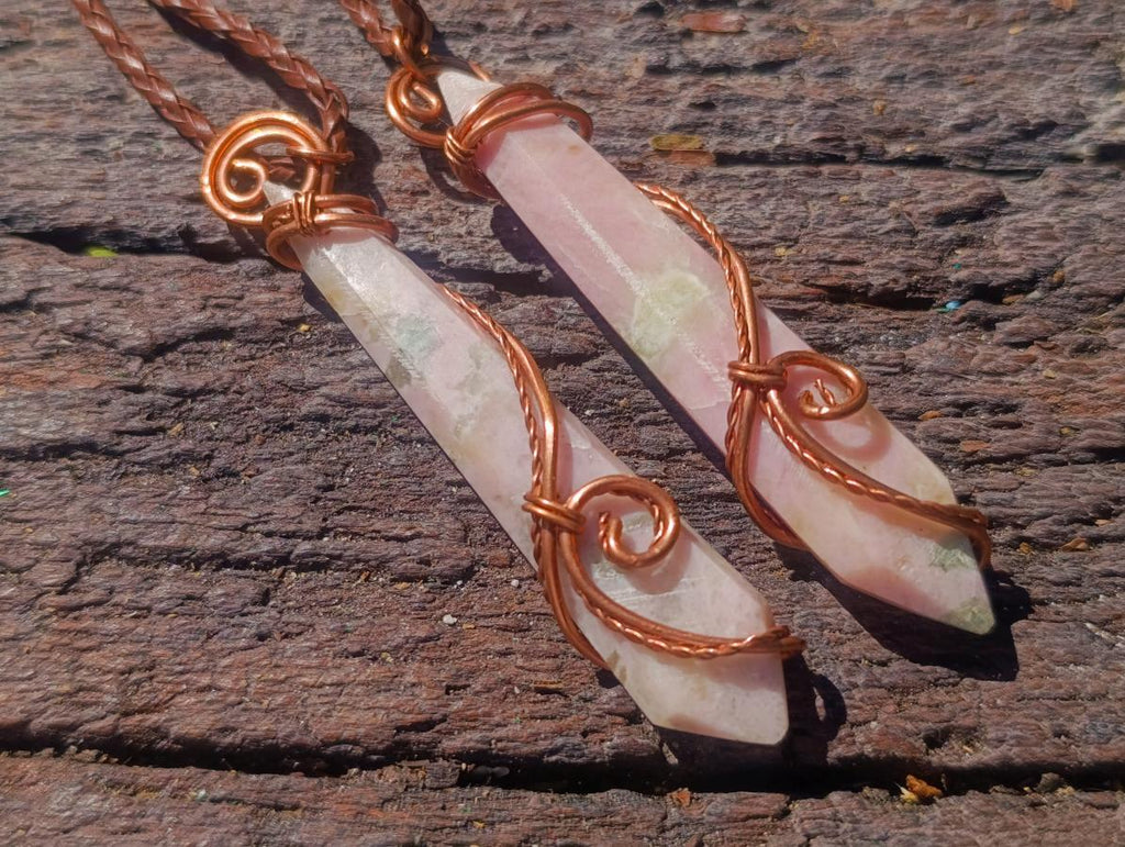 Hand Made Thulite Copper Wire Wrapped Double Terminated Necklaces x 12 From Mozambique - Toprock Gemstones and Minerals 