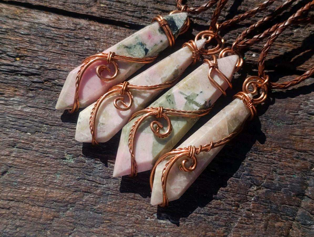 Hand Made Thulite Copper Wire Wrapped Double Terminated Necklaces x 12 From Mozambique - Toprock Gemstones and Minerals 
