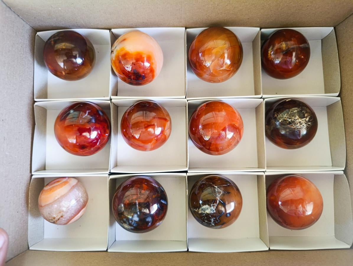 Polished Carnelian Agate Gemstone Spheres x 12 From Madagascar - Toprock Gemstones and Minerals 