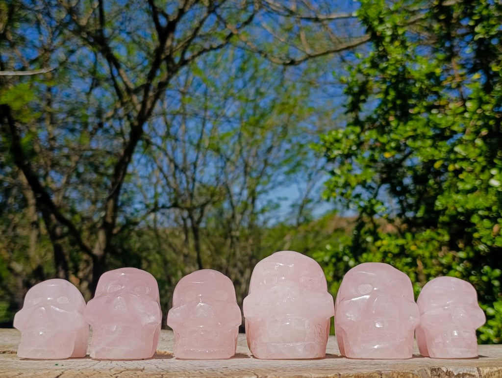 Hand Made Gemmy Rose Quartz Skull Carvings x 6 From Madagascar - Toprock Gemstones and Minerals 