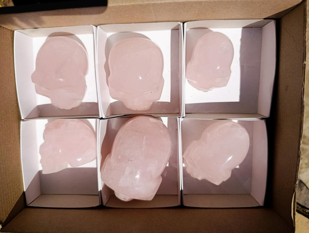 Hand Made Gemmy Rose Quartz Skull Carvings x 6 From Madagascar - Toprock Gemstones and Minerals 