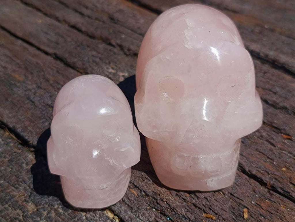 Hand Made Gemmy Rose Quartz Skull Carvings x 6 From Madagascar - Toprock Gemstones and Minerals 