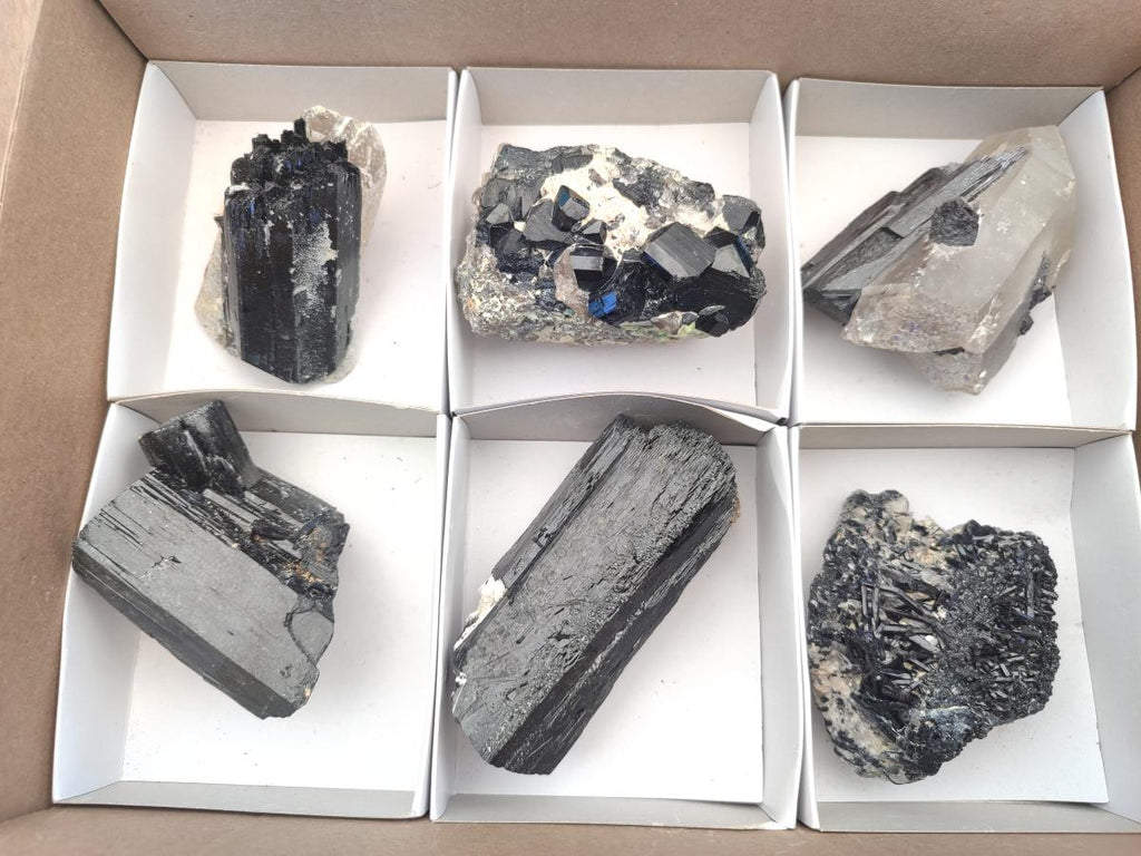 Natural Large Mix of Schorl Black Tourmaline Crystal Clusters x 6 From Erongo, Namibia - Toprock Gemstones and Minerals 