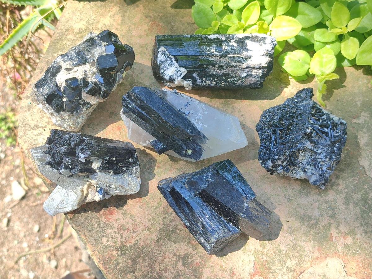 Natural Large Mix of Schorl Black Tourmaline Crystal Clusters x 6 From Erongo, Namibia - Toprock Gemstones and Minerals 
