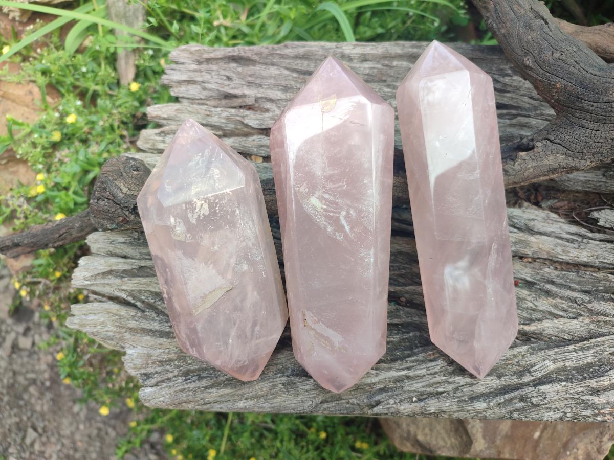 Polished Double Terminated Gemmy Rose Quartz Crystals x 3 From Madagascar - Toprock Gemstones and Minerals 