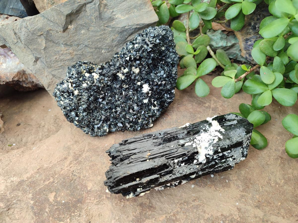 Natural Schorl Black Tourmaline Crystal Cluster Specimens with Feldspar x 2 From Erongo, Namibia