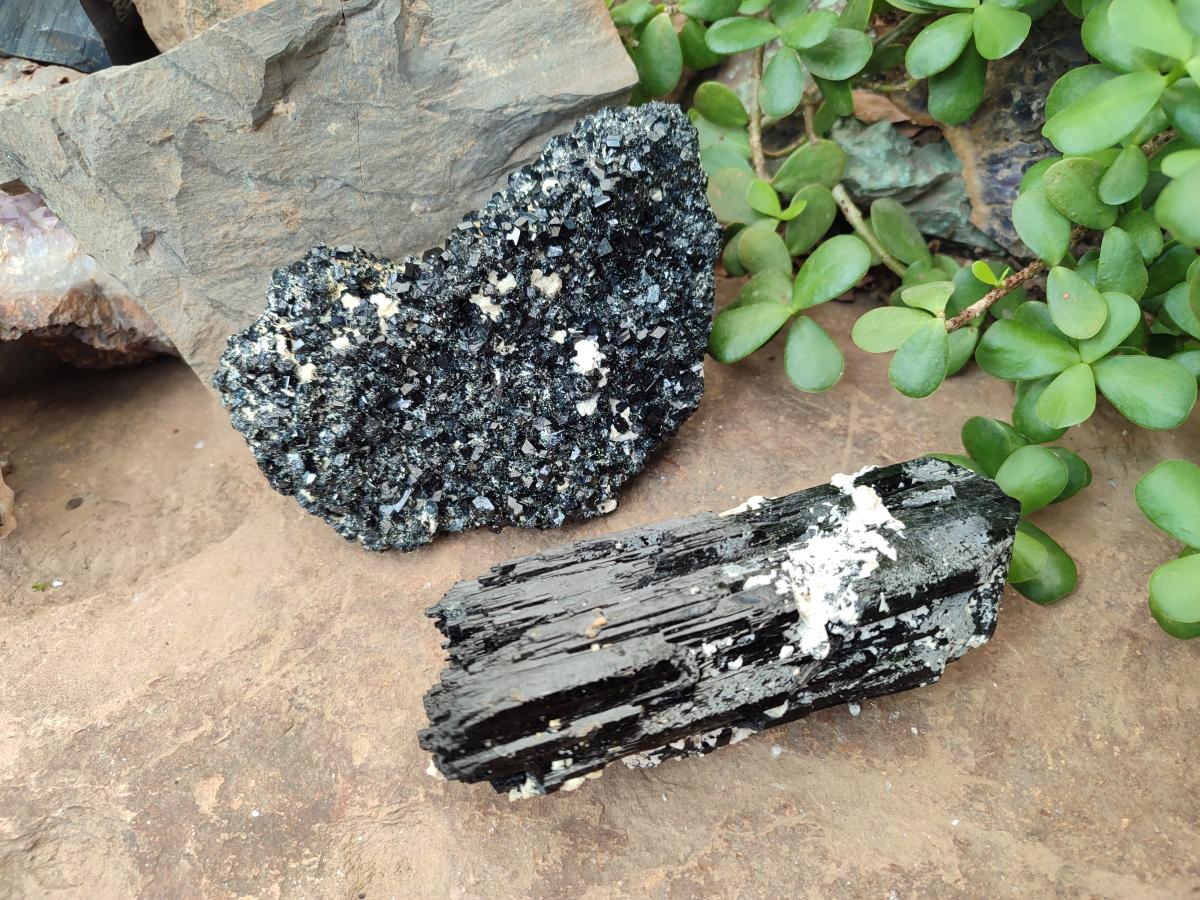 Natural Schorl Black Tourmaline Crystal Cluster Specimens with Feldspar x 2 From Erongo, Namibia